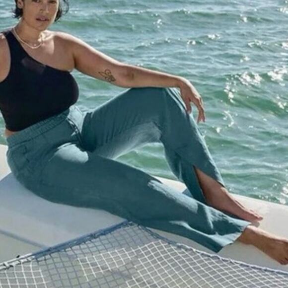 Athleta Teal 100% Linen Pants sz 6 Athleta Retreat Linen High Rise Wide Leg Pant - Picture 3 of 11